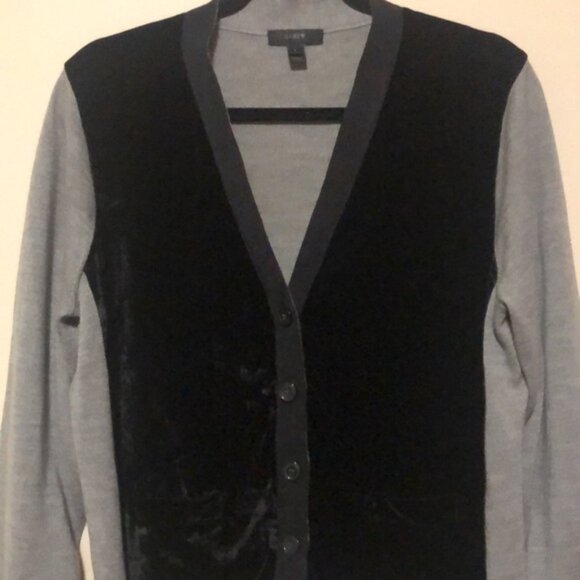J. CREW black & gray cardigan. Size L. Velvet front & wool mix sleeves. - Picture 3 of 9